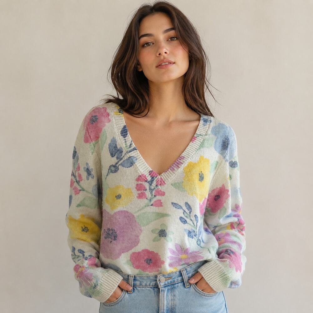Francesca’s colorful floral v-neck sweater XL soft spring